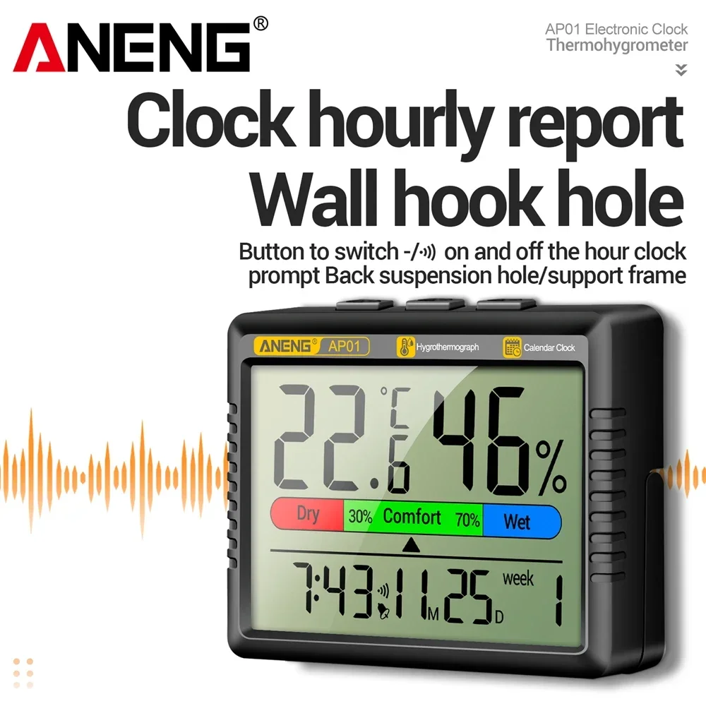 Air Thermohygrometer ANENG AP01 LCD Digital Indoor Electronic Clock Multiscene Measurement