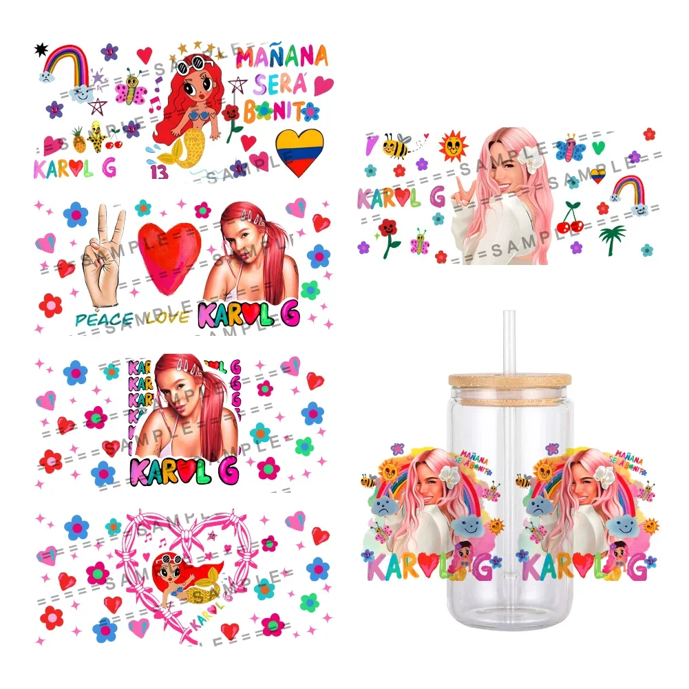 Cartoon Red Hair Karol G Pattern UV DTF Transfer Sticker Waterproof Transfers Decals 16oz Glass Cup Wrap Stickers