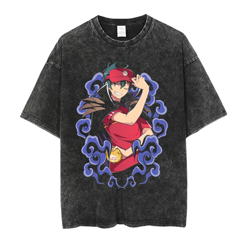 

Japanese Anime Hataraku Maou-sama! Graphic Printing Tshirt Vintage Washed Mens Casual O-Neck Short Sleeve Unisex T-Shirt