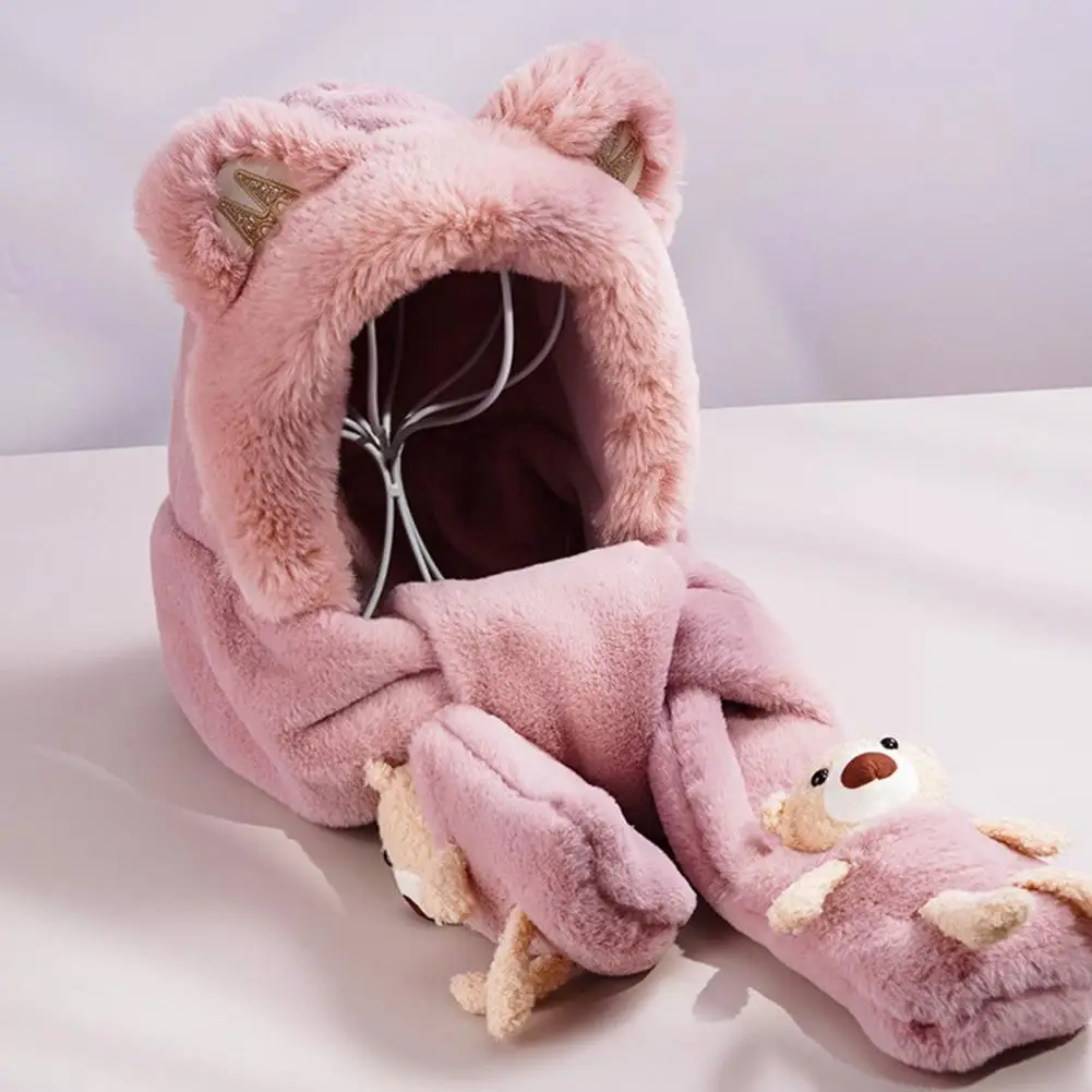 Kids Hat Neck Scarf Gloves Set 3 In 1 Cute Thickened Plush Ear Protection Hat Cartoon Bear Decor Boys Girls Holiday