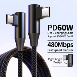 Ultra - Durable 60W USB - C Fast Charging Cable with 90° Angled Design, Nylon Braided, Multiple Length Options - 0.25m (Black)
