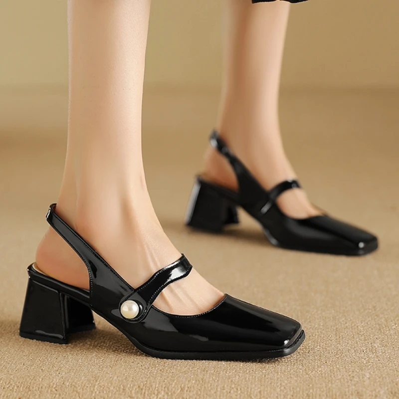 Elegant Slingback Sandals Women Summer Shoes Pink Black Silver Medium Heels Close Toe Office Party Shoes Female Large Size 45