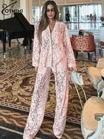 Oymimi Summer Pink Perspective Sets Womens 2 Piece Casual Long Sleeve Button Shirts And High Waist Straight Trousers Female Sets