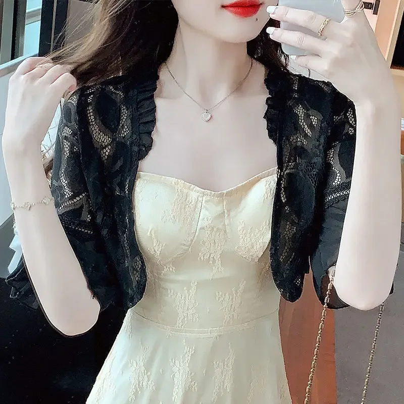 다용도 플레어 슬리브 레이스 숄 여름 얇은 가디건 재킷 여성용 아우터웨어 숄더 베스트 자외선 차단 의류