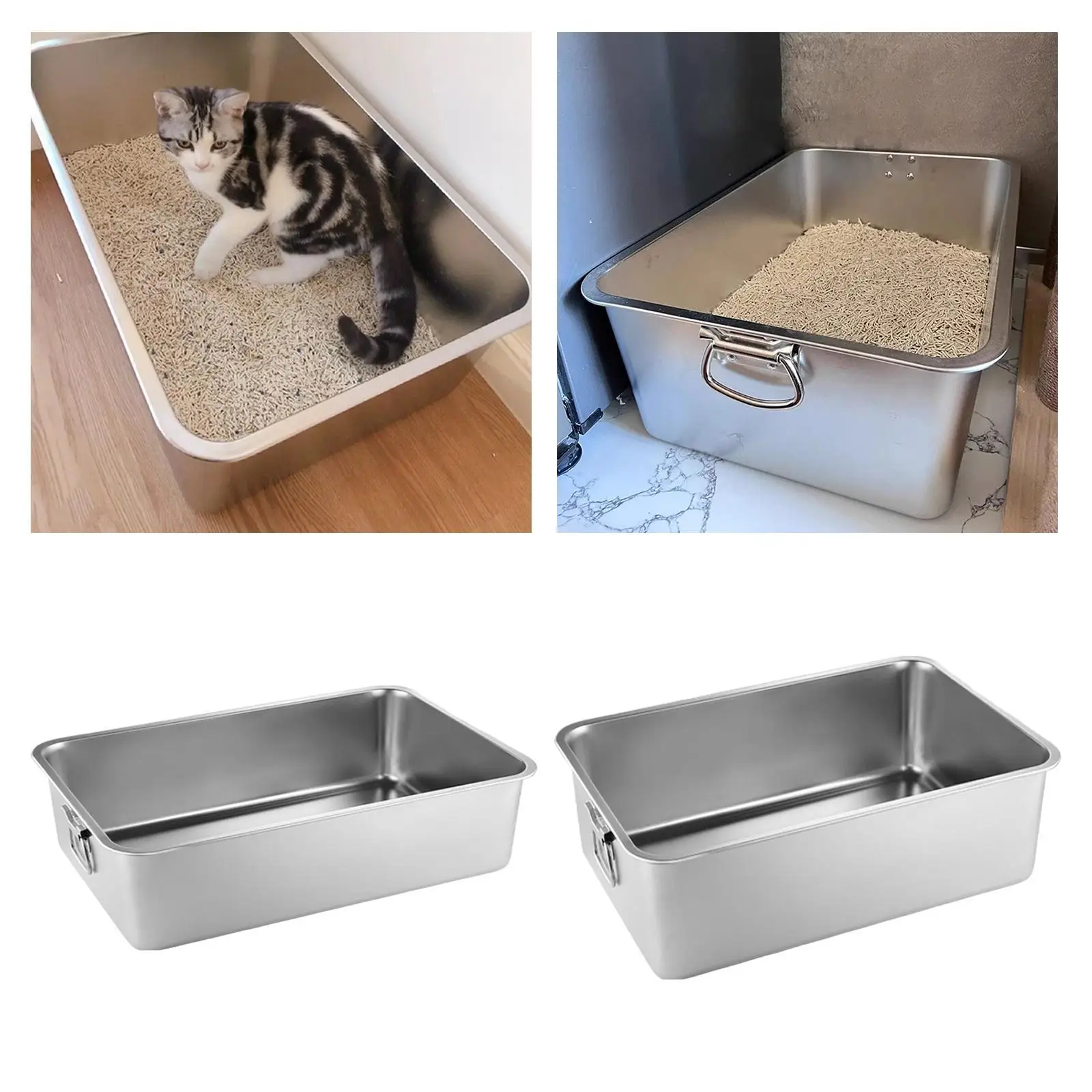 Stainless Steel Litter Box Kitten Open Potty Pan Cat Cleaning Basin Indoor Litter Tray Cat Sandbox for Small Animal Rabbits