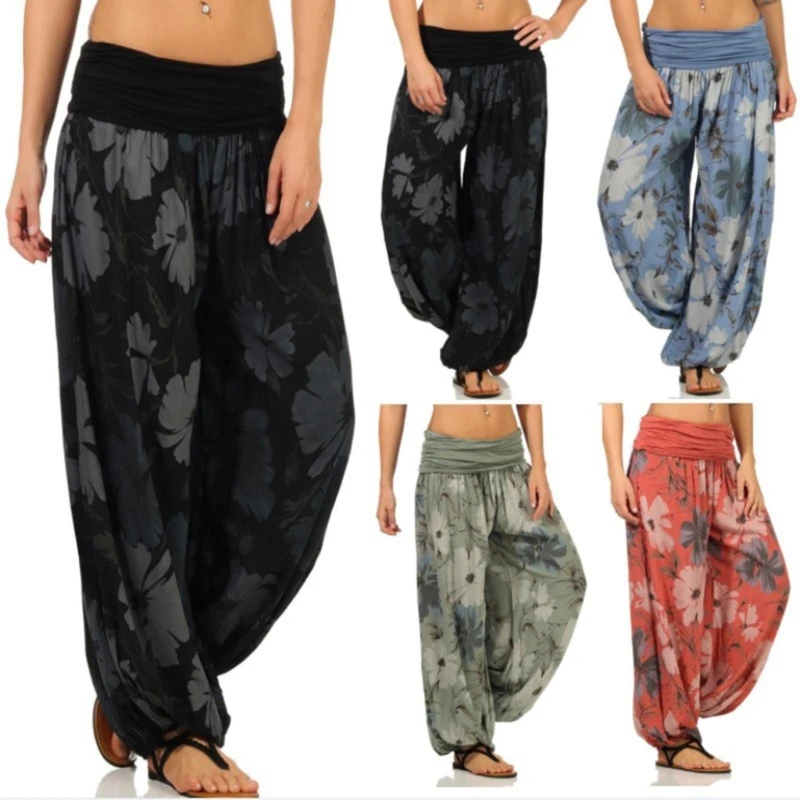 

Women Yoga Pants Casual Loose Joggers Pants Floral Smocked Waist Yoga Pants Harem Pants Hippie Palazzo Pants