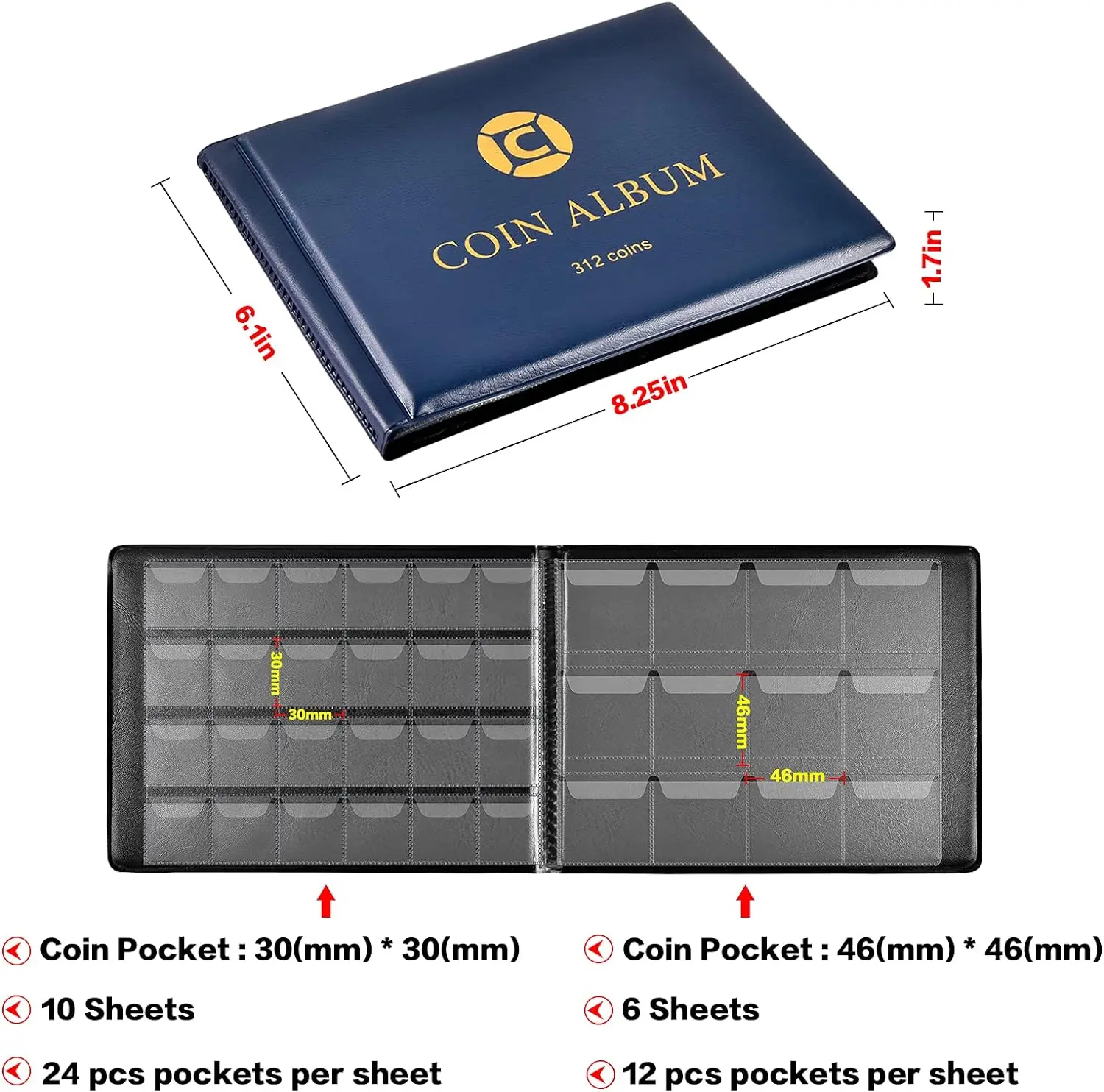 Coin holder Collection Supplies Book Holder for Collectors 312 Pockets Coins Collecting Album for 20 25 27 30 38 46mm coin display