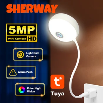 Tuya Indoor USB Light Bulb WiFi Camera 2K 5MP Mini Wireless Security IP Camera IR Color Night Vision Smart Life Baby Monitor Cam 1