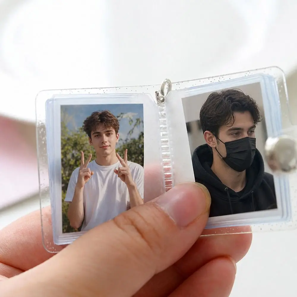 1/2 인치 미니 사진 앨범 키체인 PVC 투명 반짝이 휴대용 사진 보관 바인더 투명 사진 카드 홀더