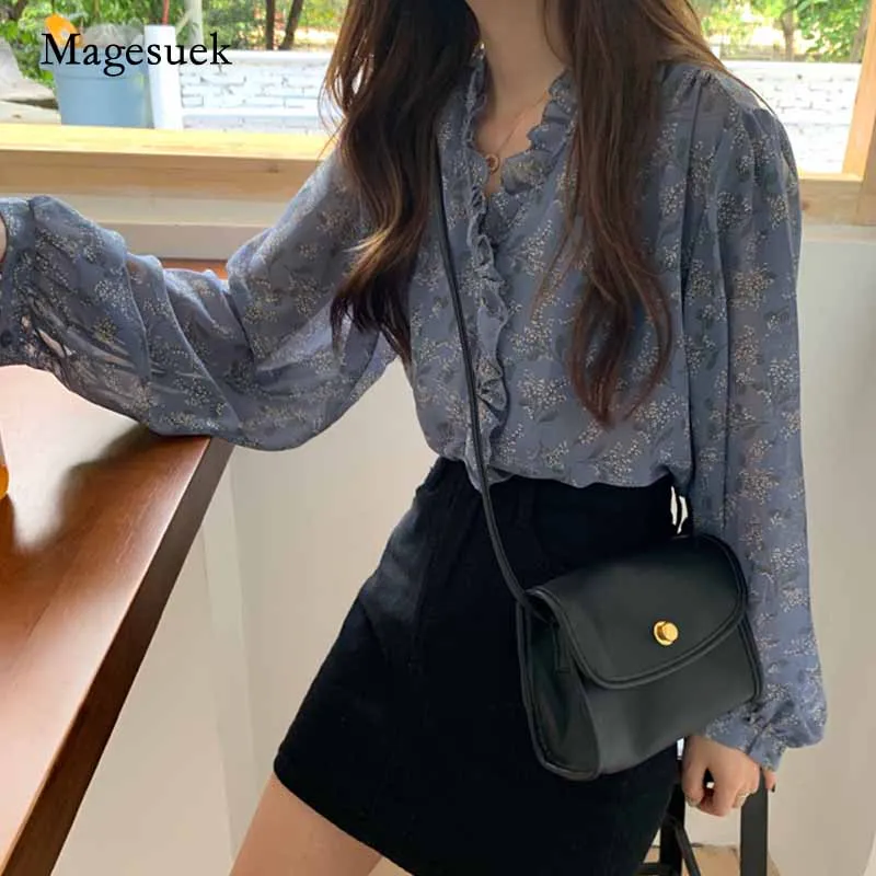 Women Blue Floral Chiffon Blouse with Puff Sleeve