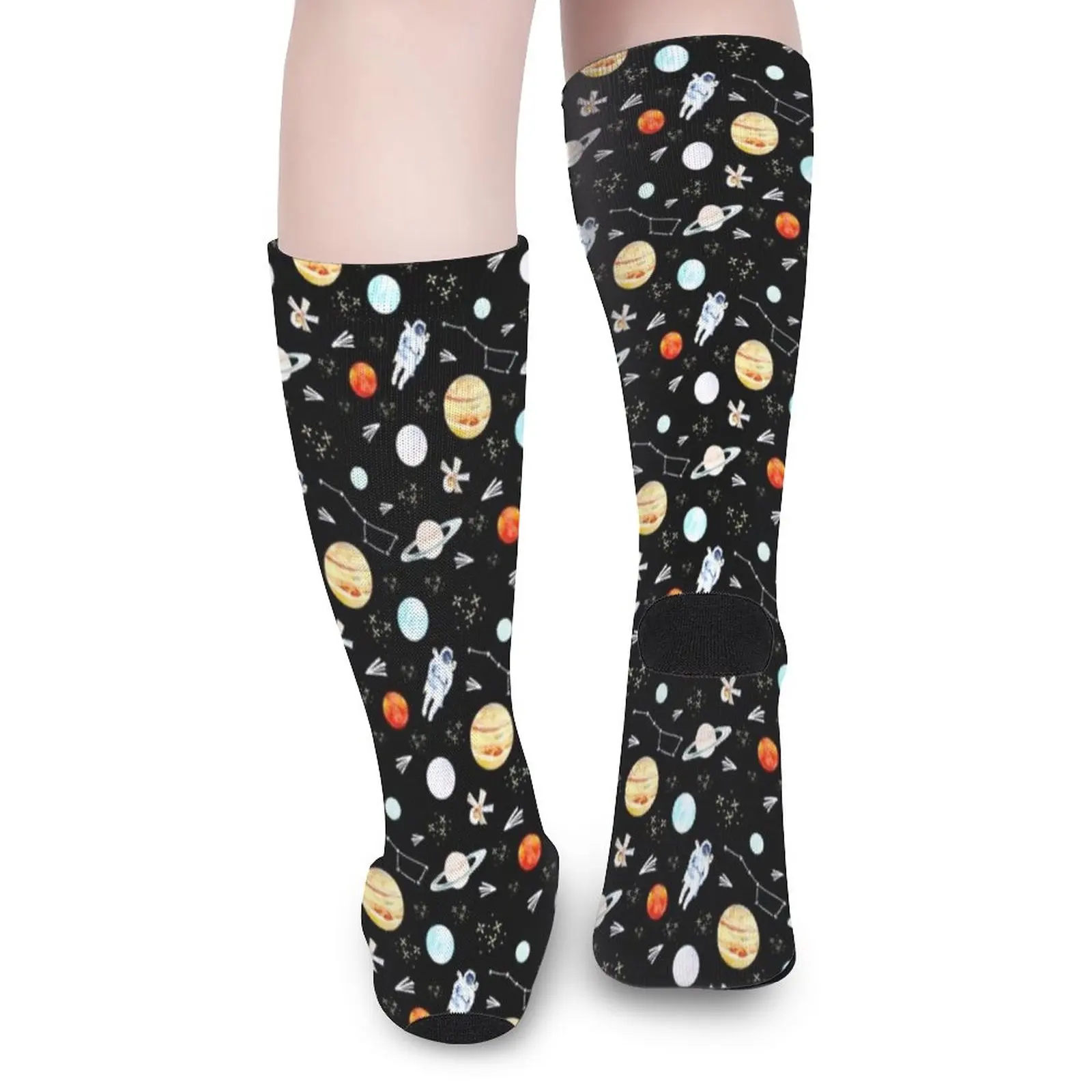 Outer Space Adventure Pattern - Black Socks Stockings compression Cartoon characters socks non-slip soccer stockings hip hop