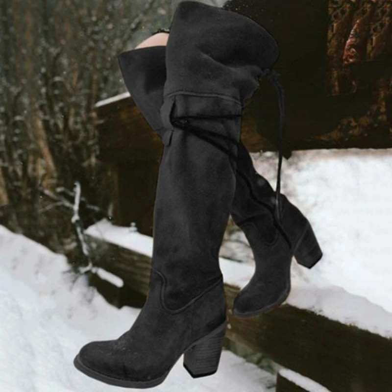 Europe America 2023 Winter Round Head Side Zip Chunky Heel High Boots Warm Botas Retro Knee Boots Big Size Shoes for Women