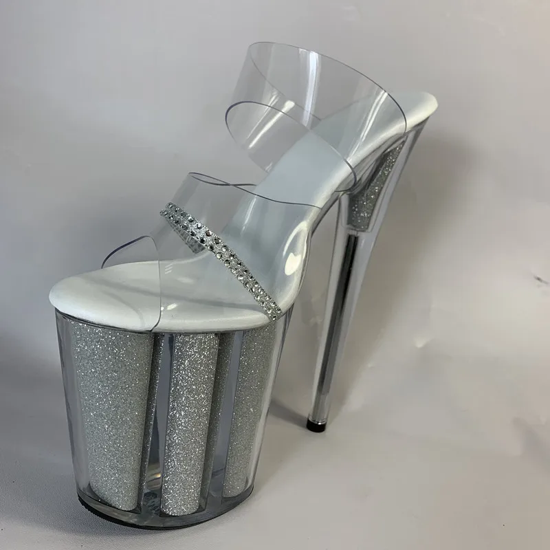 

20cm Stage Heels, Silver High Heeled Gladiator Sandals, Crystal Slippers, Sexy Roman dance shoes