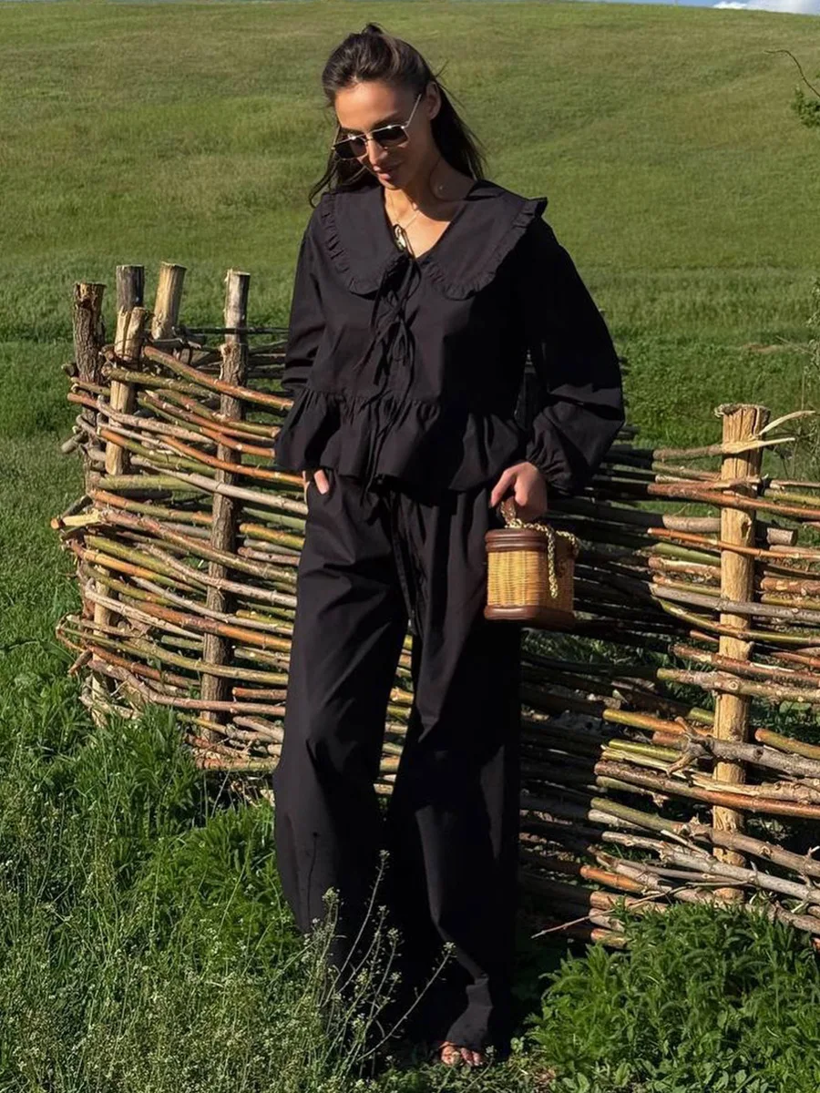 Bornladies Cotton Shirt Pants Set  Autumn Winter New Women's Doll Collar Long Sleeves Cardigan Wide Leg Pants Casual Set