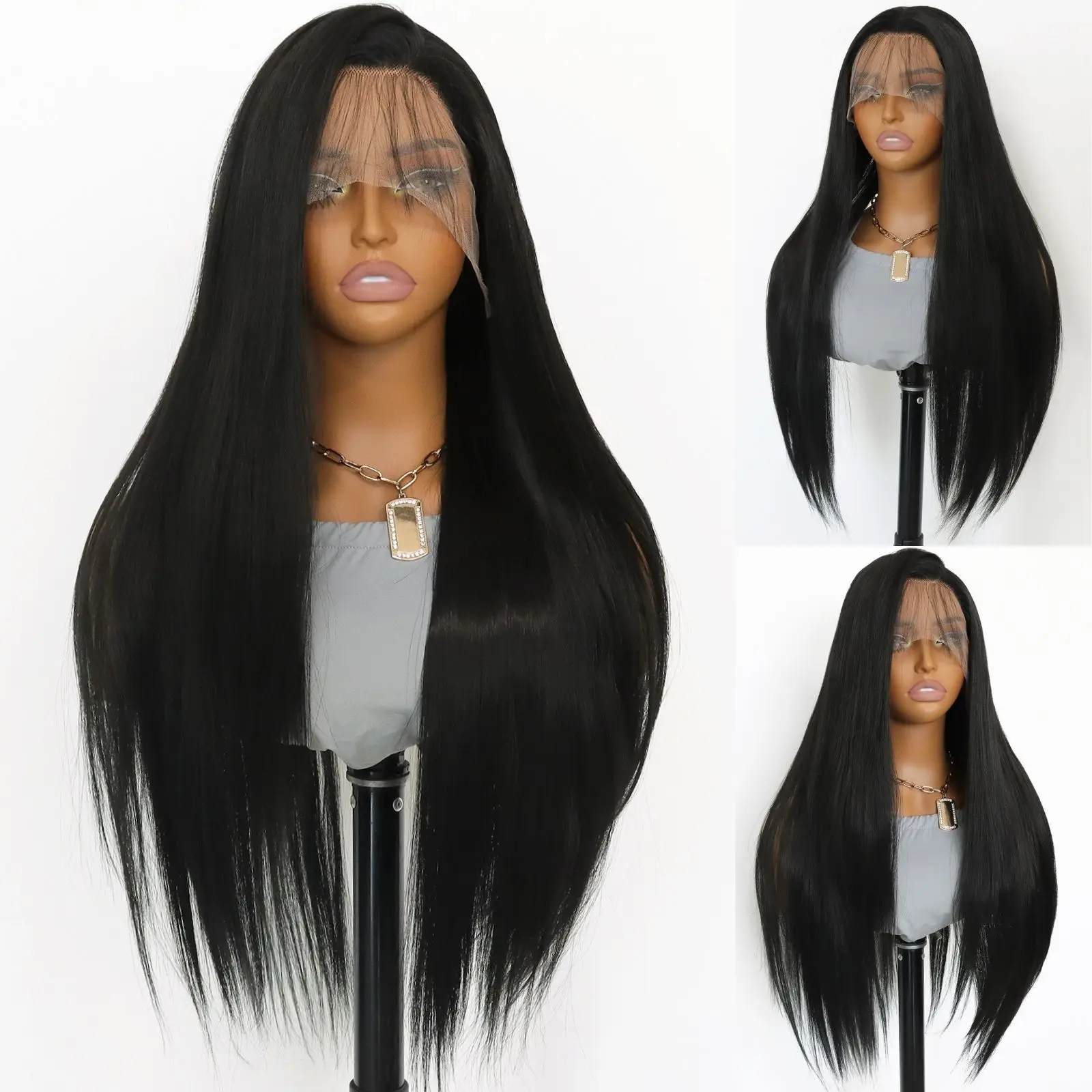 Long Straight Lace Front Wigs Natural Black Straight 13×4 Lace Front Synthetic Wig Pre Plucked Natural Hairline Wig (24Inch)