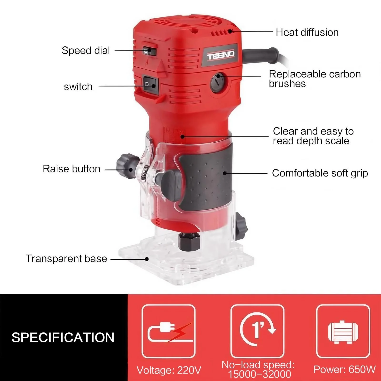 650W 32000RPM 전기 핸드 트리머 14인치 샹크 12개 루터 비트 세트 6단 속도 목공 밀링 머신