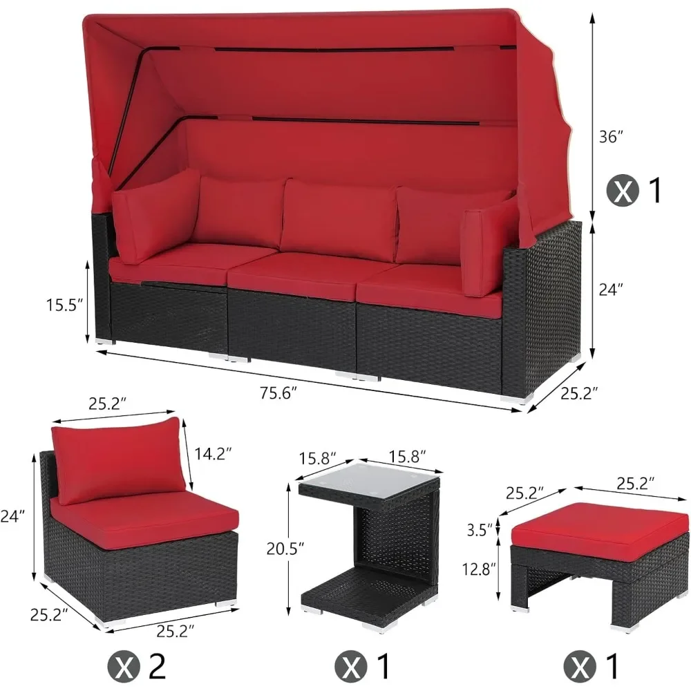 Patio Furniture Sets Daybed with Retractable Canopy,7 Pieces Outdoor Rattan Sectional Sofa Set, Wicker Patio Seating Chairs 2