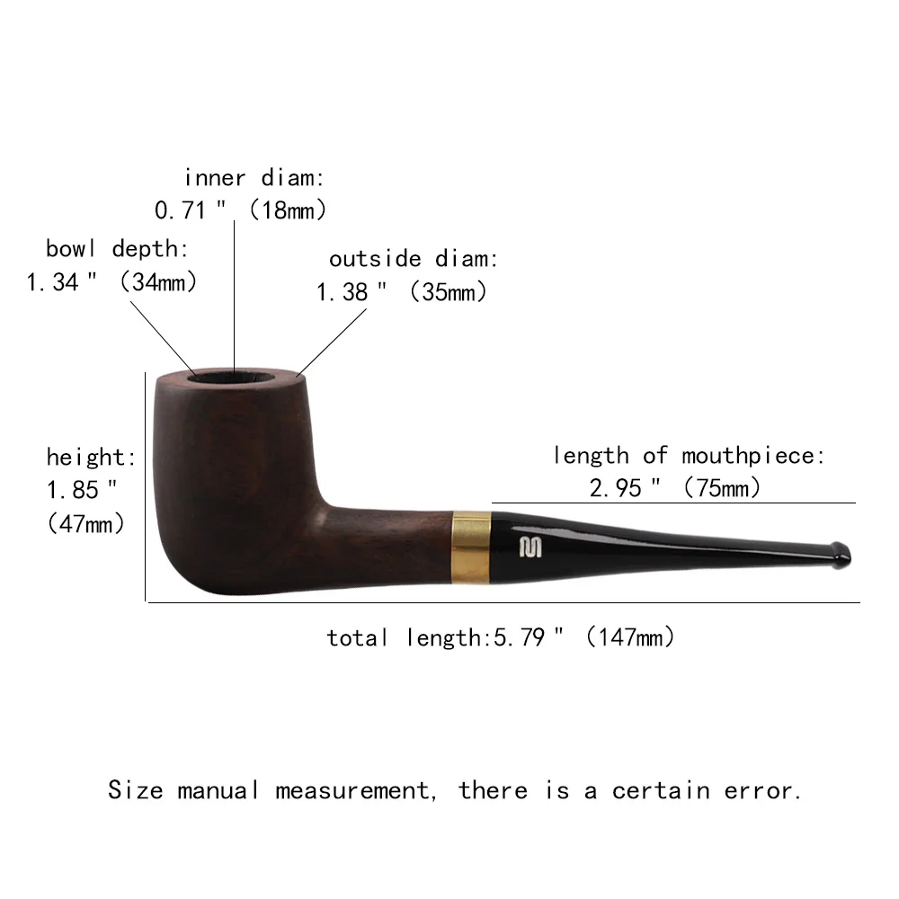 JIBILL Classic Straight Handle Billiard Pipe Sandalwood Tobacco Pipe Set Metal Decorative Ring 9mm Channel with Clean Set