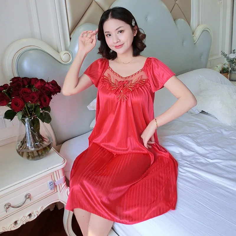Ladies Ice Silk Nightgowns Sleeping Dress Medium Length Short Sleeve Nightdress Sexy Sleepwear Home Wear Loungewear Pyjama Femme