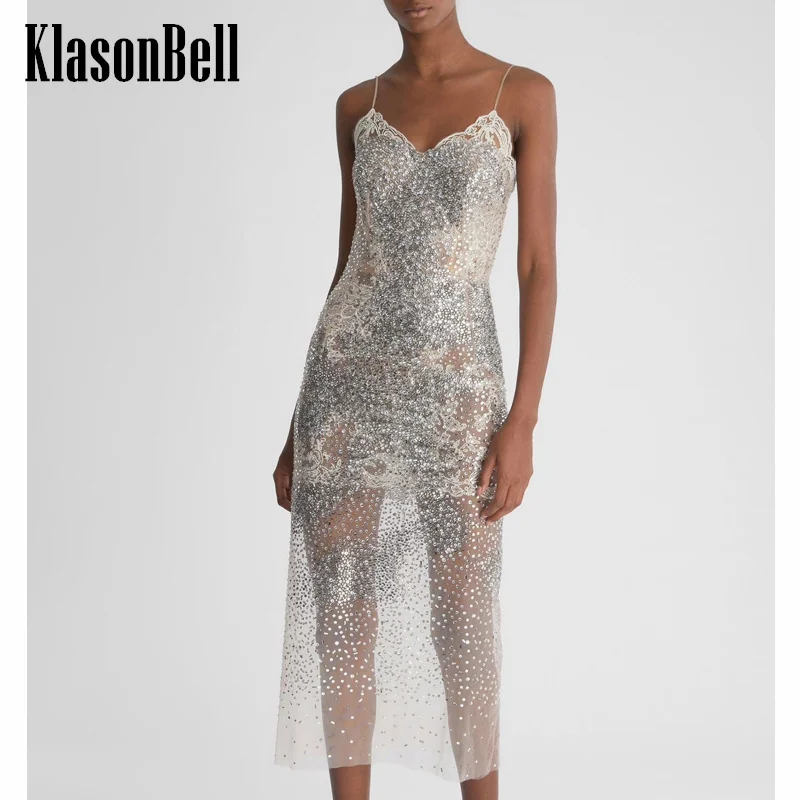 

3.27 KlasonBell Luxury Temperament Embroidery Print Hand Beading Diamonds CryStal Sexy Spaghetti Strap Mesh Maxi Dress