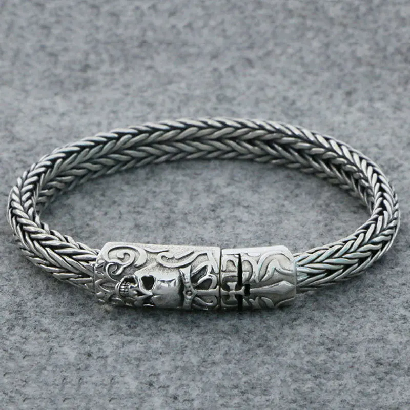 

Punk style sterling silver woven skull head retro Fried Dough Twists chain bracelet male personality bracelet trend hip-hop acce