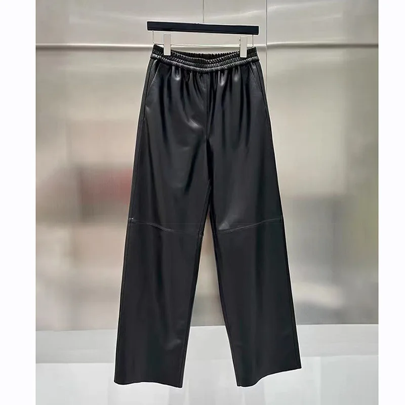 Women's Straight Sheepskin Pants, Elastic Waist, Wide Leg, Stylish Pants with Everything, Spring, Autumn