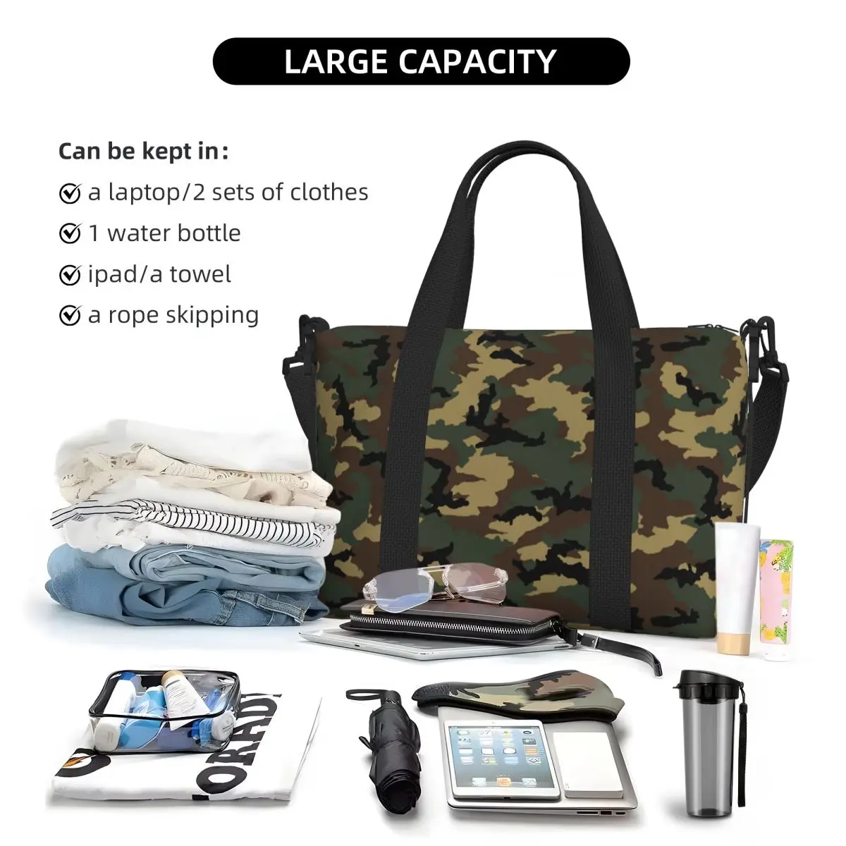 Original Woodland Camo Beach Tote Bag for Women Military Army Camouflage Large Compartment Beach Gym Travel Bags