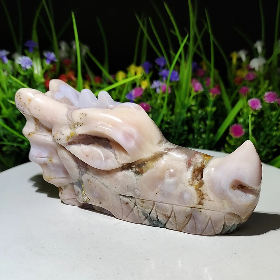 

1PC Natural Crystal Cherry Blossom Agate Carved Dragon Head Skull Statue Gemstone Carved Healing Stone For Home Decoration