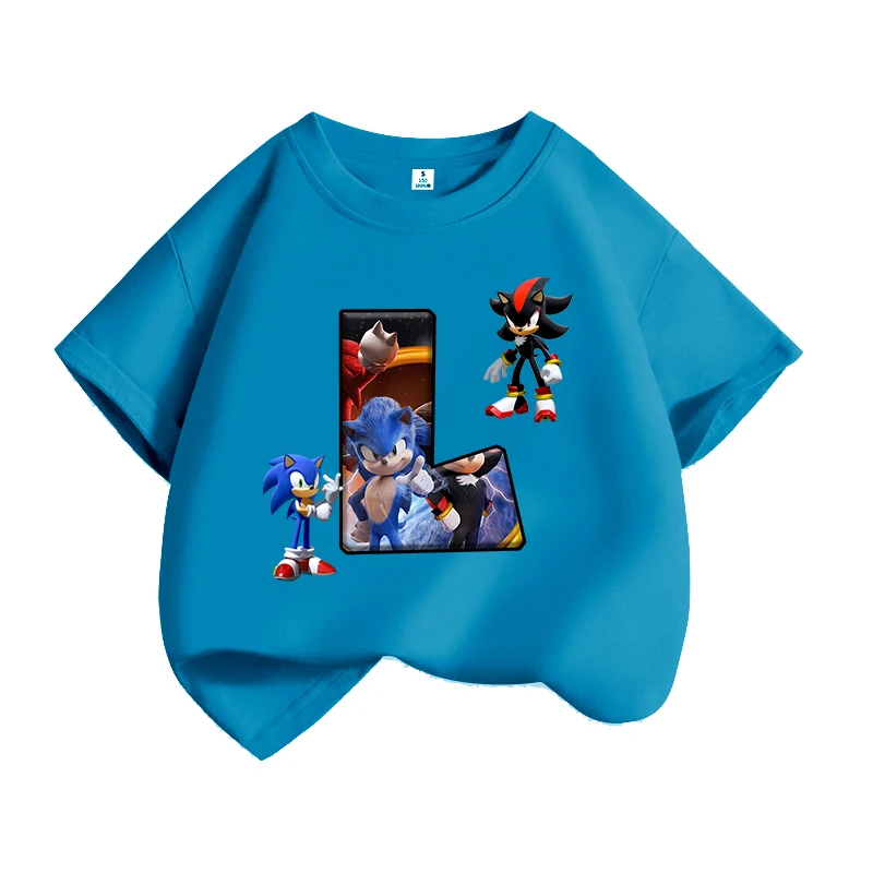 thumbnail image 1 of Nuevas camisetas de Sonics para niños, camisetas de algodón con letras impresas de Anime de la A a la Z, ropa de moda para niños y niñas, camisetas de verano, regalo de cumpleaños, 1 of 5
