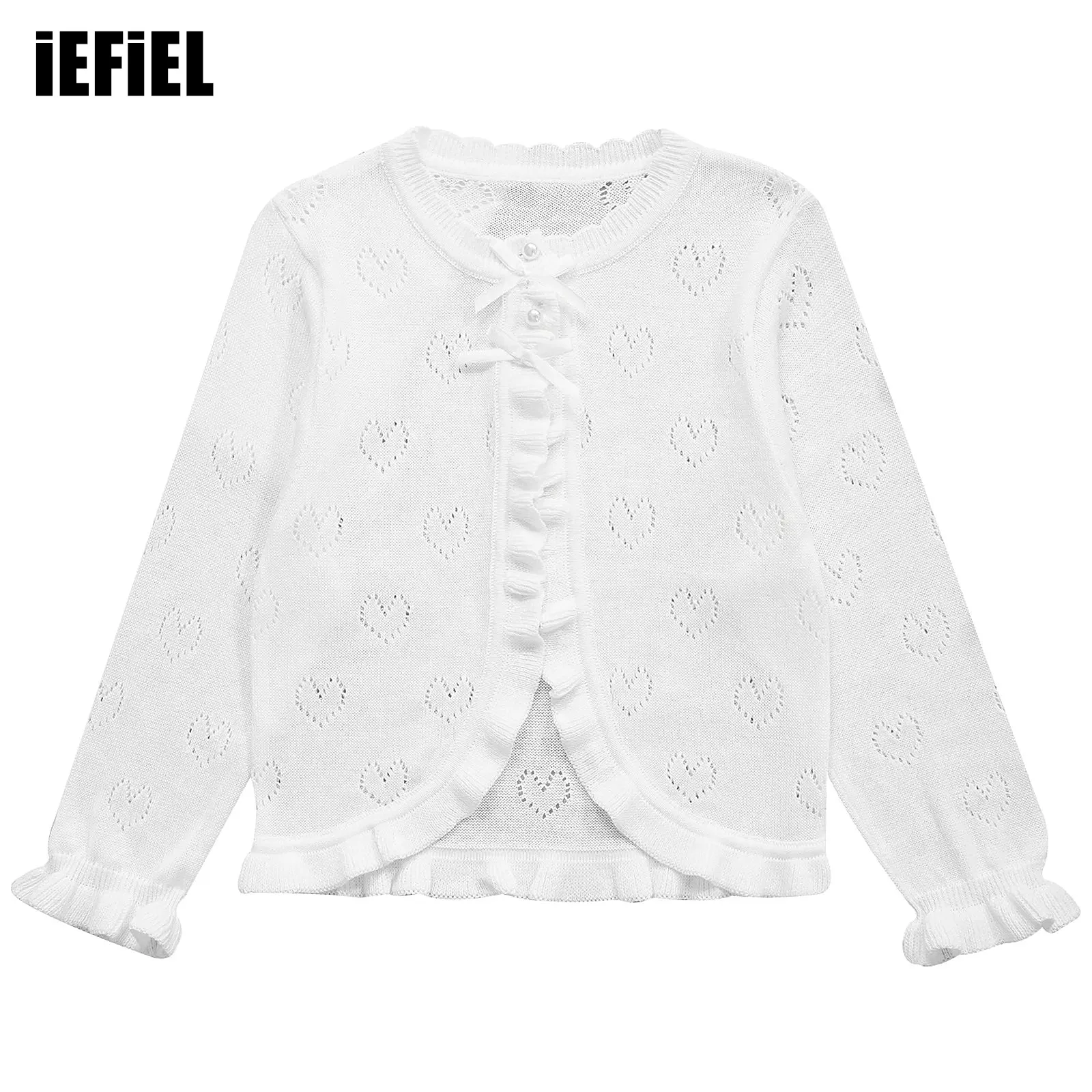 

Kids Girls Cute Bowknot Ruffled Hem Knitted Cardigan Hollow Out Heart Pearl Button Long Sleeve Bolero Shrug Tops Knitwear