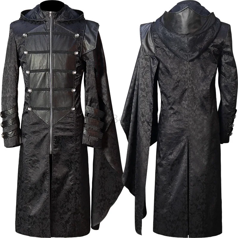 Costumi Cosplay Medievali Halloween Carnival Steampunk Pirate Felpe Con Cappuccio Giacche Black Long Trench One Shoulder Cape Viking S-5Xl