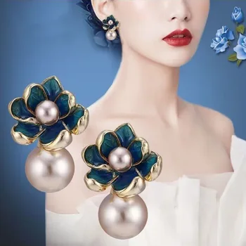 925 Silver Needle Korean Fashion Blue Flower Earrings For Women Jewelry 2025 Trending Women's Vintage Noble Pearl Stud Earrings
