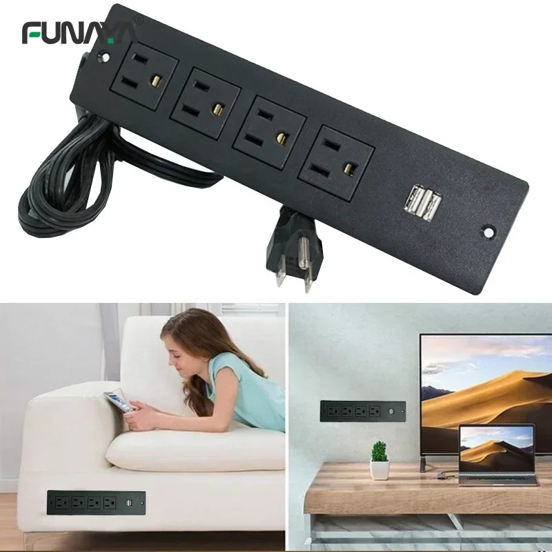 표면 장착형 매립형 가구 소파 충전기 멀티탭, 미국 히든 테이블 소켓, 2 USB 4 콘센트, UL 데스크 소켓, 15A