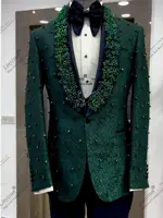Luxury Pearl Beaded Men Suits Shawl Lapel Wedding Groom Tuxedos 3 Pieces Sets Business Male Prom Blazers Customized ropa hombre 1