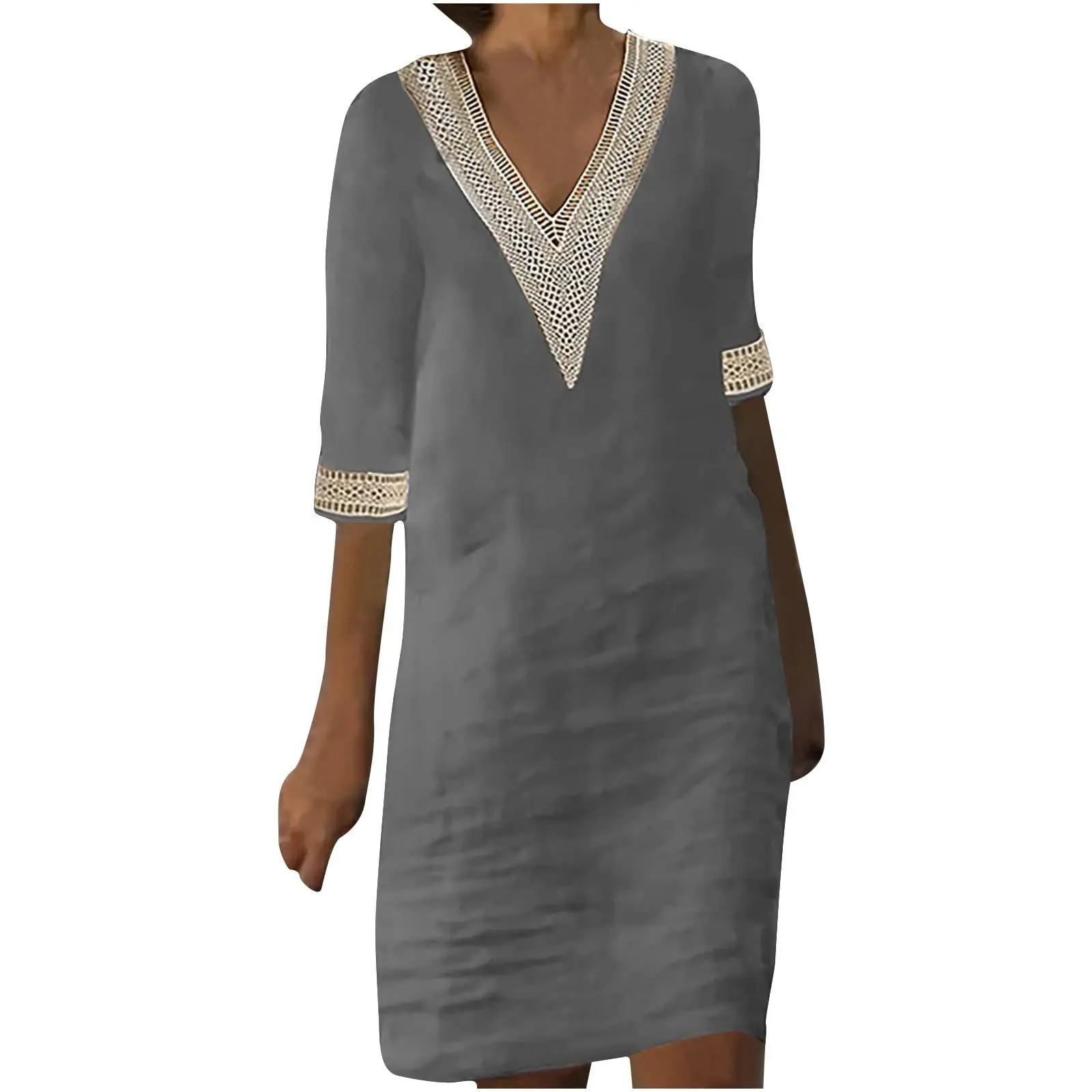 

Women Cotton Linen Mini Dress Summer Fashion V-Neck Loose Dresses Female Oversize Casual Three Quarter Sleeve Vestidos 2023