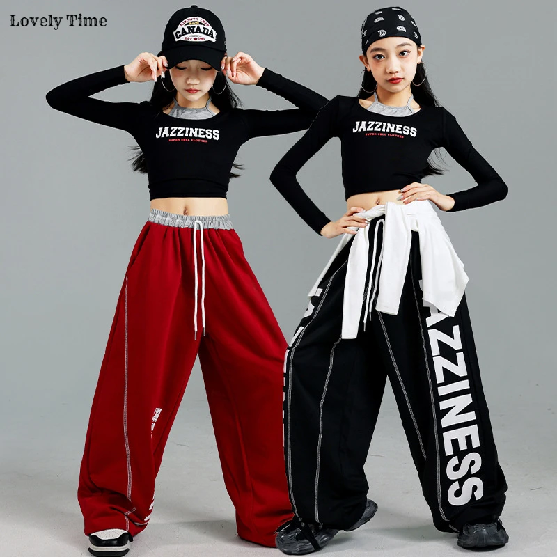Girls K-pop Crop Top Sweet Letters Sport Joggers Pants Child Hip Hop Streetwear Clothes Sets Kids Stage Girl Group Jazz Costumes 3