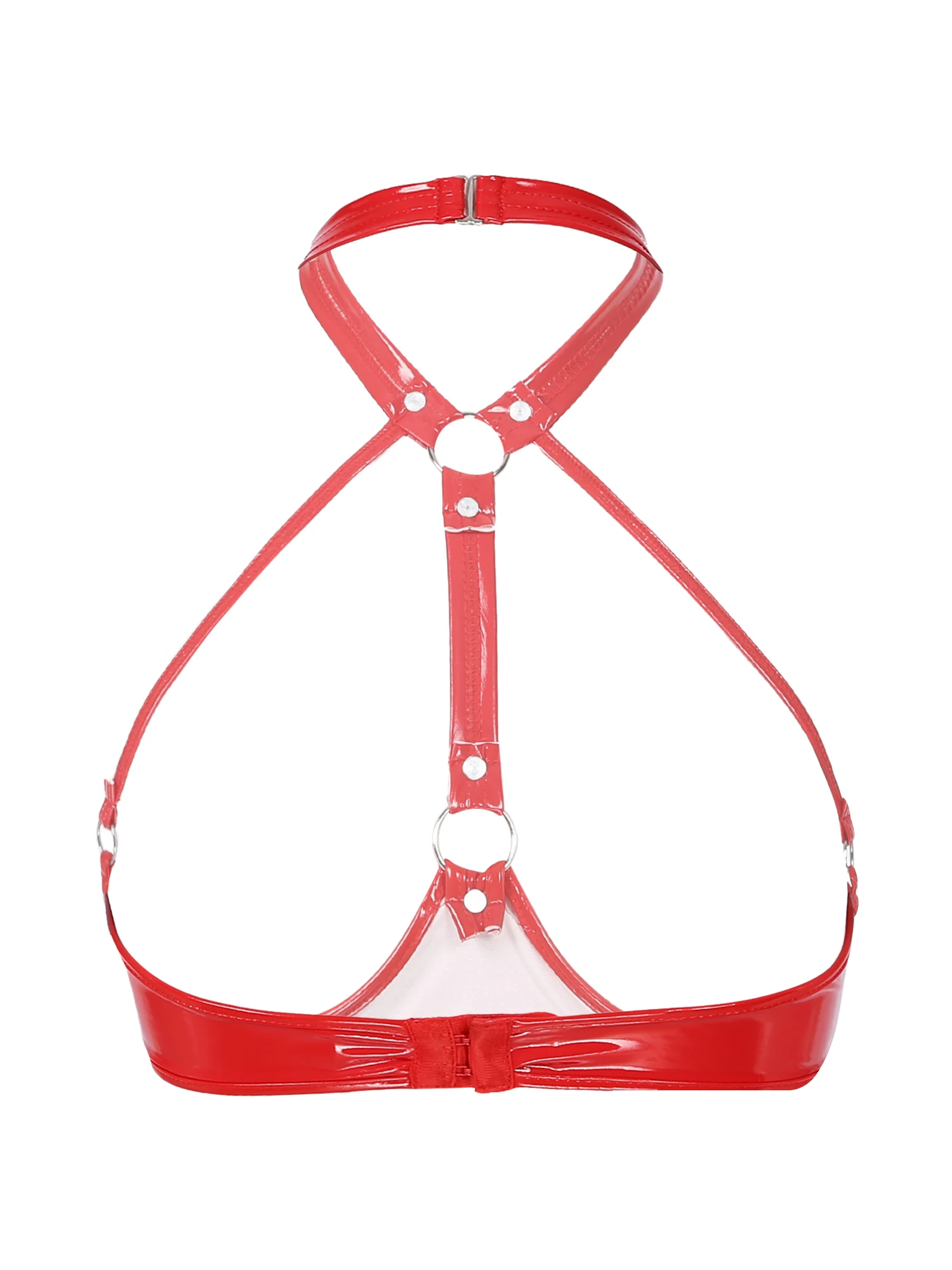 Women Bra Wet Look Patent Leather Bra Top Lingerie Chest Harness Halter Neck Backless Bralette Open Bust Wire-free Bra Rave Party