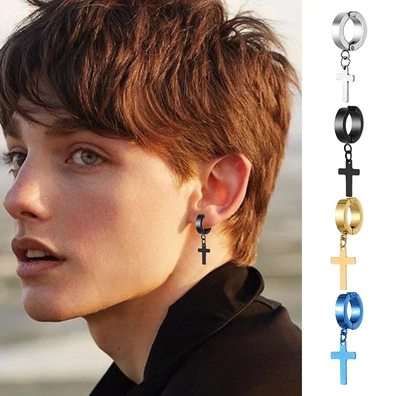Stainless Steel Earrings 2 Pcs Clip On Non Piercing For Women Men Black Gold Color Cross Gothic Punk Rock Drop Pendiente Jewelry