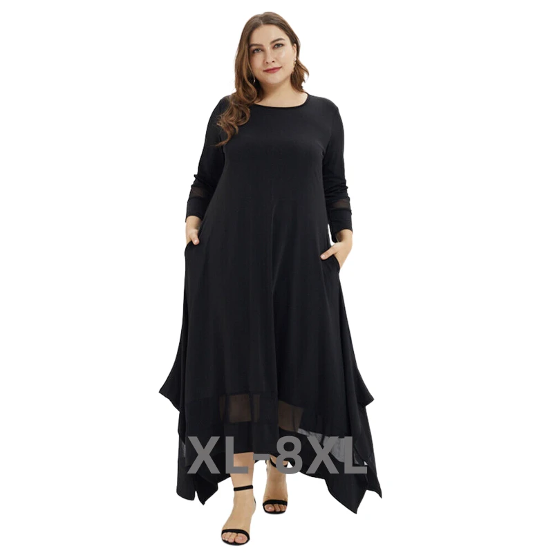 

Plus Size Women Vintage Maxi Dress Spring Solid o Neck Stitching Long Sleeve Asymmetrical Dresses Loose Casual 3xl 4xl 5xl 6xl