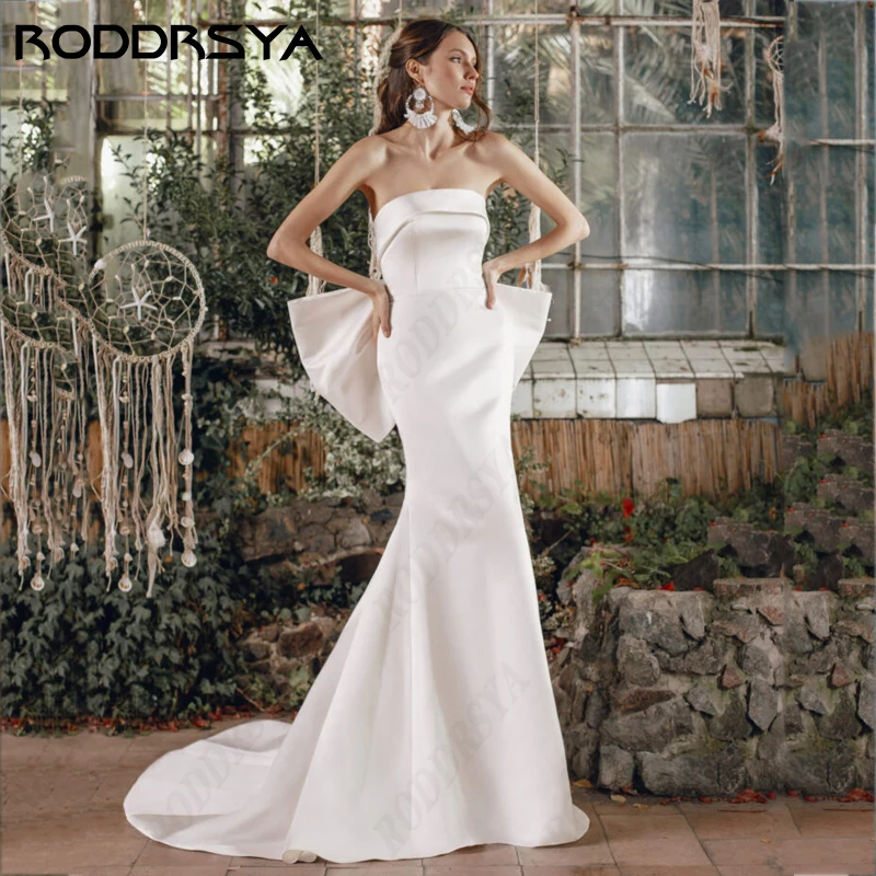 

RODDRSYA Mermaid Wedding Dresses For Women Sexy Strapless Bow Backless Vestidos De Novia Soft Satin Sleeveless Bridal Party