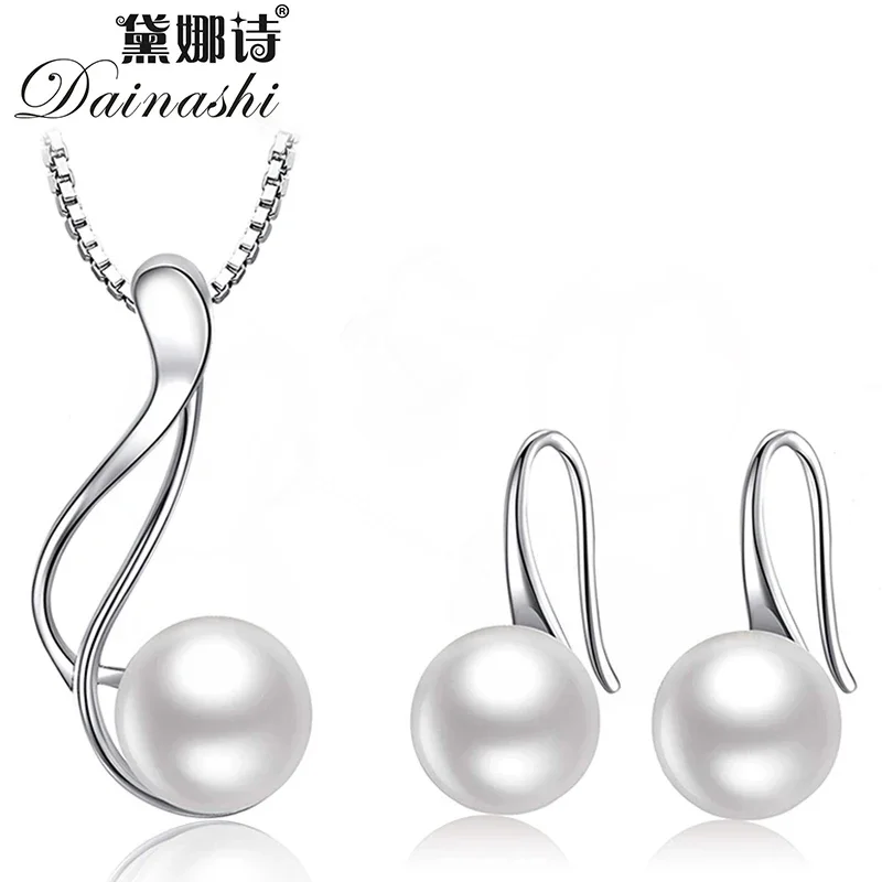 Dainashi 925 Sterling Silver AAAA Freshwater Cultured Pearl Jewelry Set 8-9 mm Pearl Pendant Necklace Earrings Set