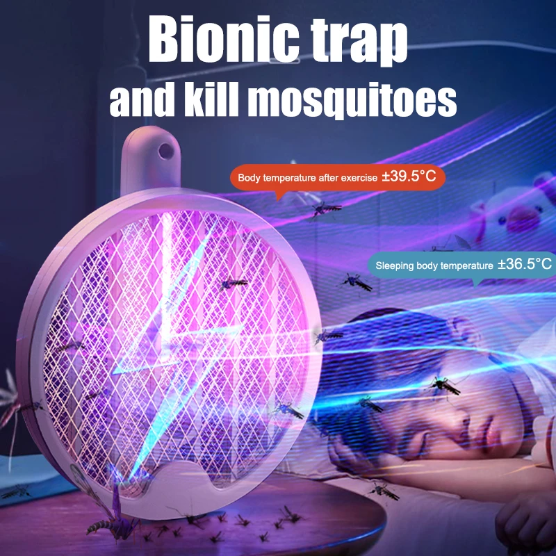 Raquete de mosquitos dobrável 2 em 1, lâmpada elétrica mata-mosquitos, mata-mosquitos recarregável via USB, mata-insetos elétrico_voghion.com