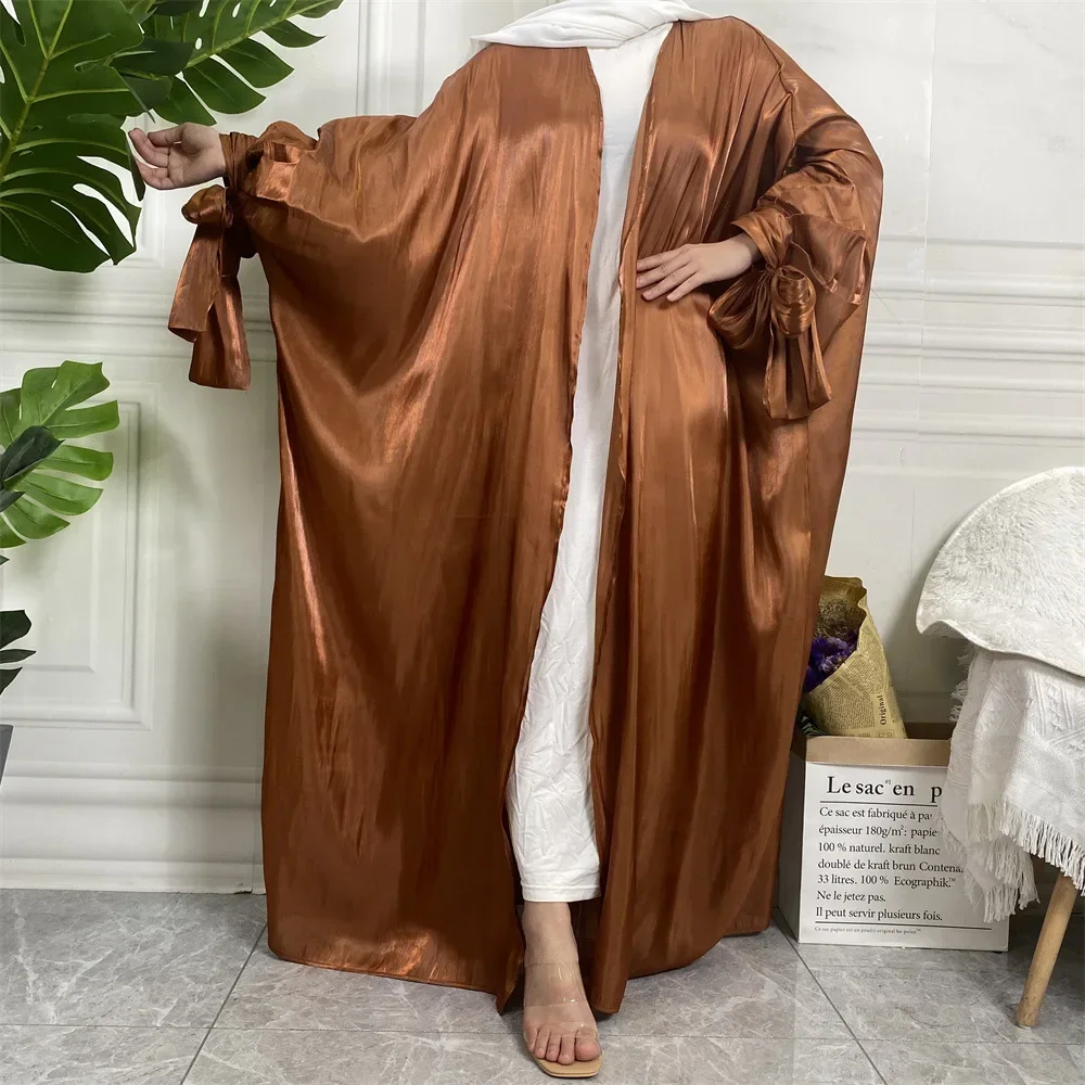 Open Abaya Kimono Islamic Arab Shiny Silk Lace-up Sleeves Cardigan Turkey Muslim Dress Kaftan African Abayas for Women Dubai