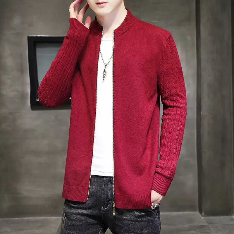 Solid Colour Long Sleeve Fried Dough Twist Stripe Autumn Winter Japan Style Leisure Loose Men's Clothing Baseball Collar Thick