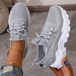 Women's Red Breathable Mesh Slip - On Platform Sneakers - Casual Thick Sole Tennis Shoes - 43 (Gray)