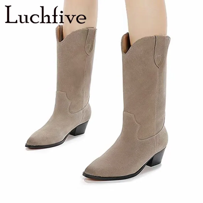 

2022 High Quality New Spring Autumn Suede Square Heels Mid-calf Boots for Women Slip On Pointy Toe Boots Sexy Party Shoes Mujer