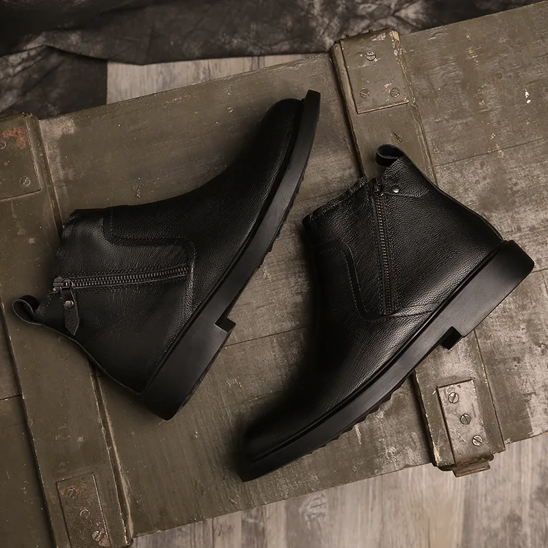 

Мужские короткие ботинки Martens из воловьей кожи, с круглым носком, на молнии, мужские ботинки средней длины, трендовая Корейская версия, мужские ботинки в стиле ретро