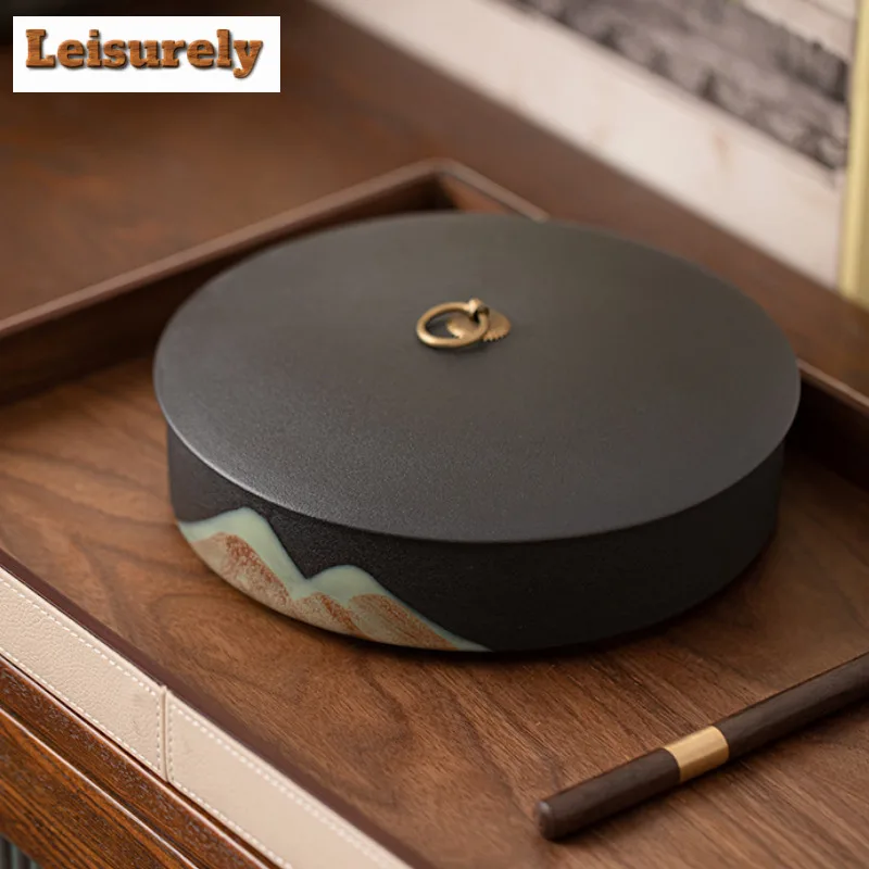 Hand Drawn Far Mountain Tea Cake Tea Box Organizer Moisture-proof Handmade Storage Tank Containers Tea Caddy Tableware Ornaments