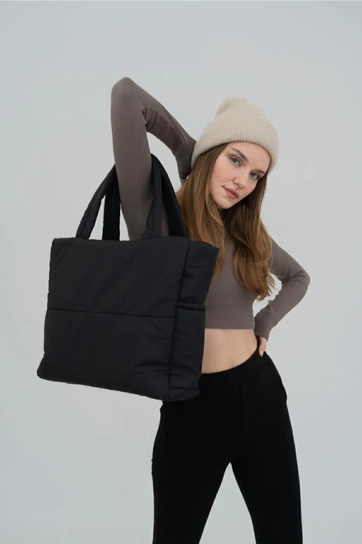Embossed Puff Fabric Shopper Bag Napoli Black LADIES HAND LUGGAGE |