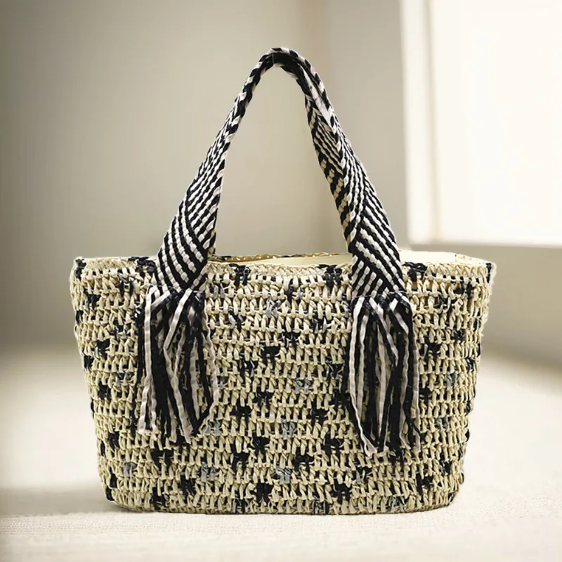Summer Paper Rope Beach Bag Striped Tassel Handle Women Designer Handbags Bohemian Woven Straw Basket Bags for Women Tote Bag